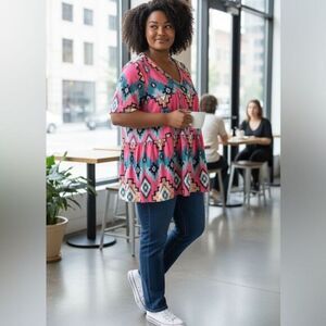 EUC Southern Stitch Pink Blue Aztec Print V Neck Tier Ruffle Blouse Top- Size XL